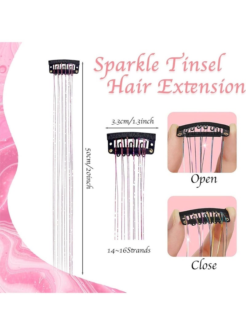 12Pcs Clip in Hair Tinsel Kit, 20 Inch Hair Extensions Heat Resistant Fairy Hair Tinsel Kit, Glitter Hair Tensile Clip, Accessories for Women Festival Party Gift (Pink) - Image 2