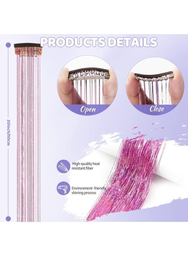 12Pcs Clip in Hair Tinsel Kit, 20 Inch Hair Extensions Heat Resistant Fairy Hair Tinsel Kit, Glitter Hair Tensile Clip, Accessories for Women Festival Party Gift (Pink) - Image 3