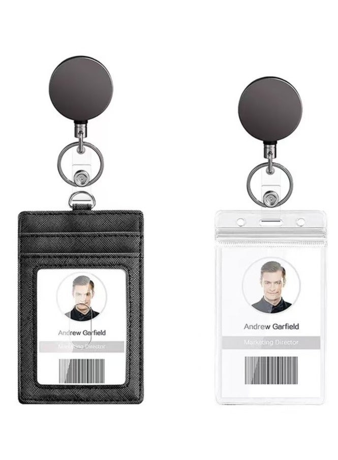 Generic 2 Piece Heavy Duty Metal Retractable Badge Holder Reel with Belt Buckle Key Ring, Waterproof Vertical Clear ID Card Holder and PU Leather Badge Holder  - Image 1