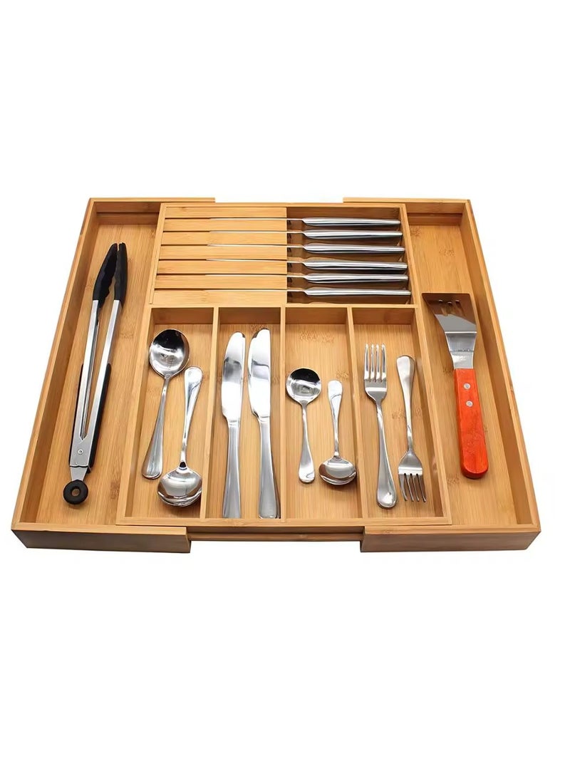 eBasket Expandable Bamboo Kitchen Buffet Drawer Organizer Adjustable Flatware Holder Wooden Drawer Dividers Organizer for Silverware Flatware Cutlery in Kitchen, Living Room, Dining Room  - Image 1