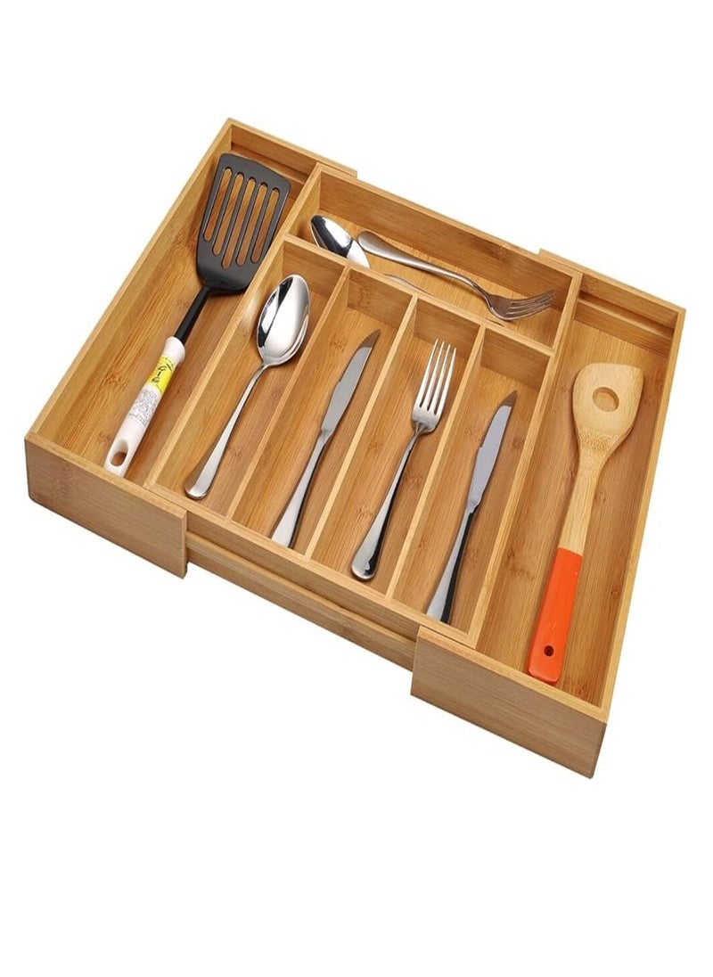 Expandable Bamboo Kitchen Buffet Drawer Organizer Adjustable Flatware Holder Wooden Drawer Dividers Organizer for Silverware Flatware Cutlery in Kitchen, Living Room, Dining Room