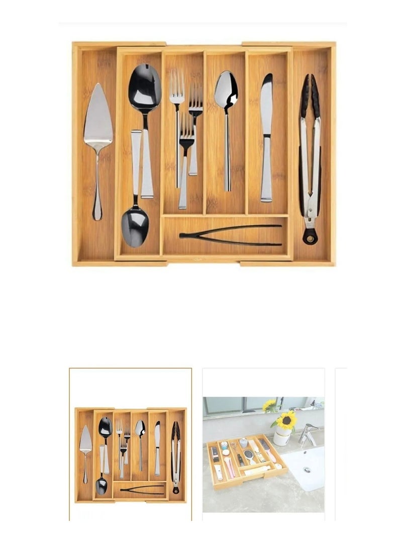 eBasket Expandable Bamboo Kitchen Buffet Drawer Organizer Adjustable Flatware Holder Wooden Drawer Dividers Organizer for Silverware Flatware Cutlery in Kitchen, Living Room, Dining Room  - Image 3