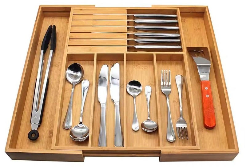 إيباسكت منظم ادراج المطبخ والبوفيه قابل للتمدد من الخيزران حامل  لأدوات المائدة قابل للتعديل منظم فواصل أدراج خشبية لأدوات المائدة الفضية أدوات المائدة السكاكين في المطبخ وغرفة المعيشة والسفرة - Image 1