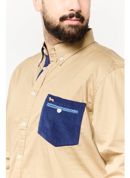 Harmont & Blaine Men Narrow Fit Long Sleeve Embroidered Logo Casual Shirt, Tan  - Image 4