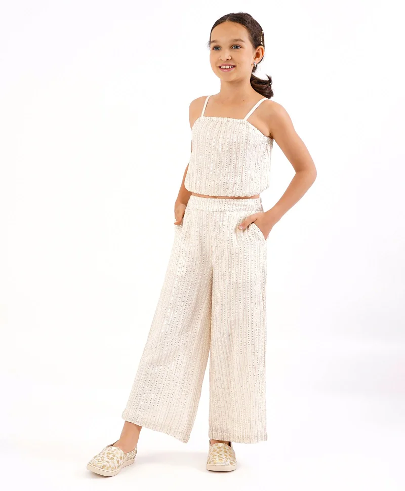 Primo Gino Primo Gino Viscose Sleeveless Sequin Embroidered Strappy Top- Off White