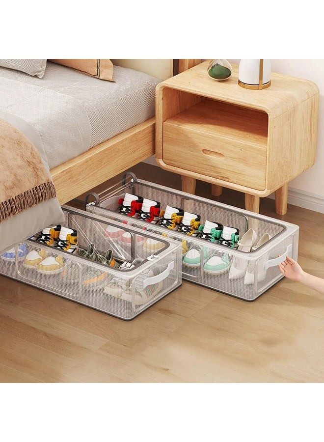 2PCS Under Bed Shoe Organizer, Transparent PVC Shoe Storage Box, Foldable Steel Frame Storage Bin with Handle and Clear Zipper Cover for Shoes, Clothes, Sheets, MY028-M (White)  - Image 1