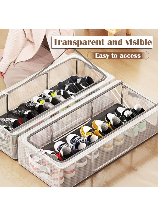 2PCS Under Bed Shoe Organizer, Transparent PVC Shoe Storage Box, Foldable Steel Frame Storage Bin with Handle and Clear Zipper Cover for Shoes, Clothes, Sheets, MY028-M (White)  - Image 5