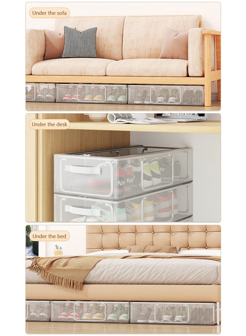 2PCS Under Bed Shoe Organizer, Transparent PVC Shoe Storage Box, Foldable Steel Frame Storage Bin with Handle and Clear Zipper Cover for Shoes, Clothes, Sheets, MY028-M (White)  - Image 3