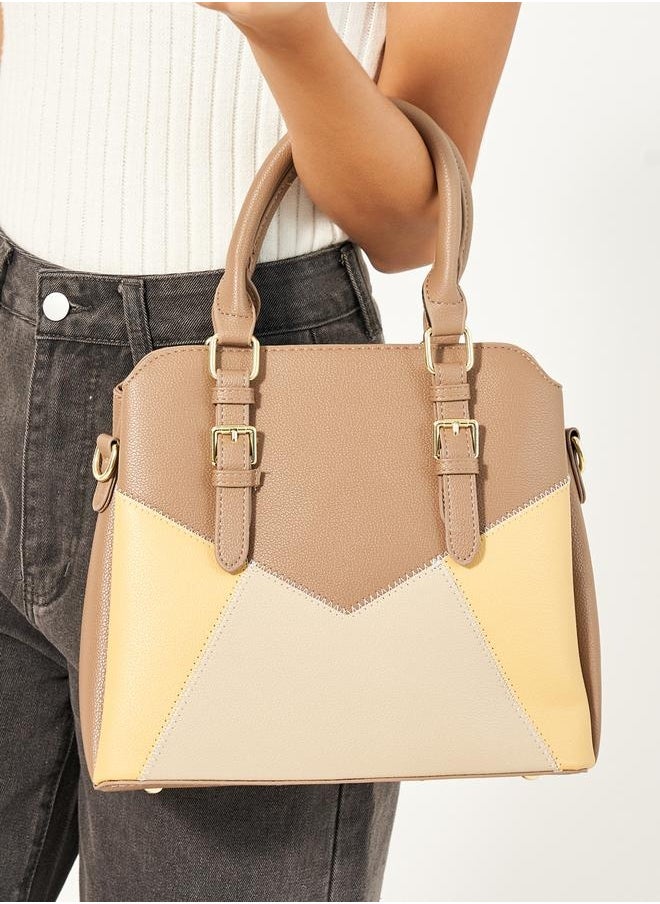 Styli Colorblock Handbag with Top Handles and Belted Details  - Image 2