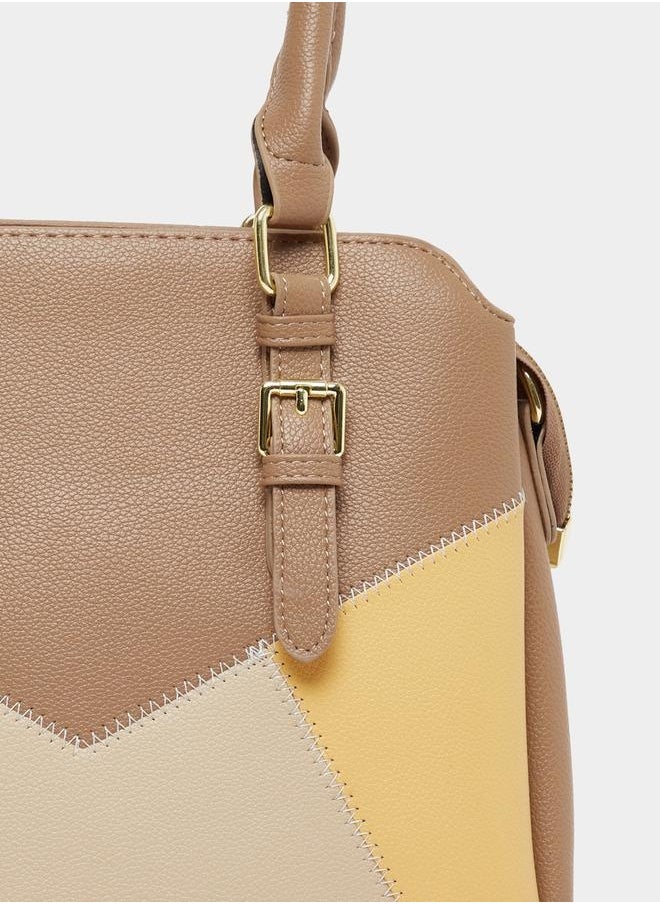 Styli Colorblock Handbag with Top Handles and Belted Details  - Image 5