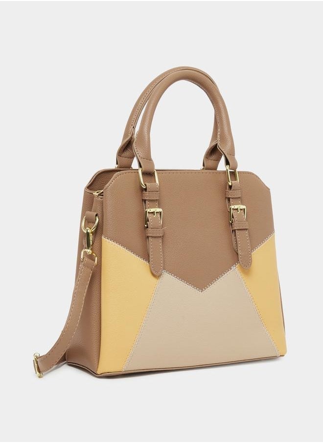 Styli Colorblock Handbag with Top Handles and Belted Details  - Image 1