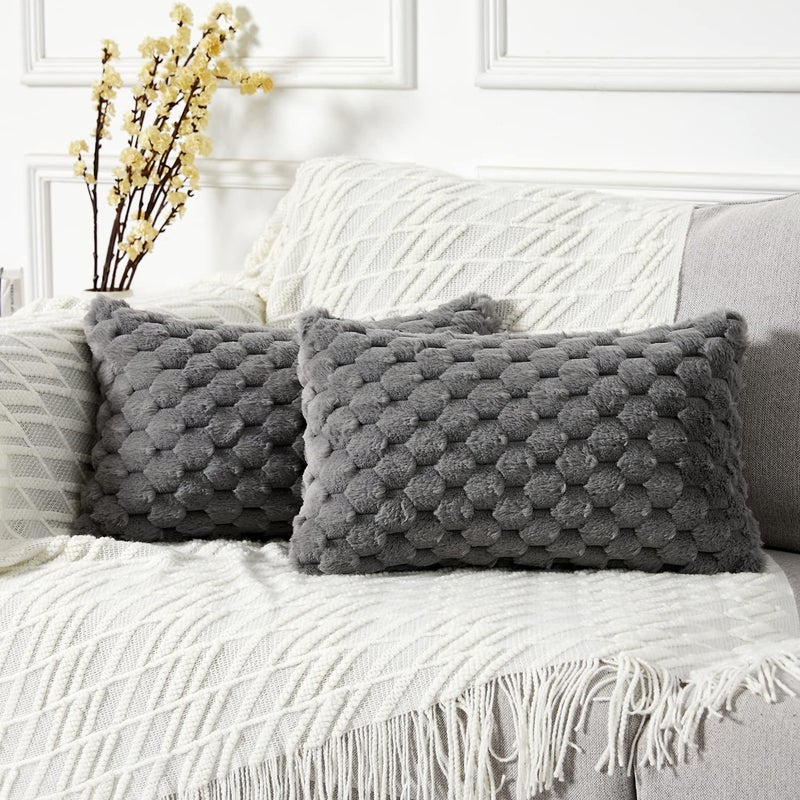 Yaertun Pack of 2 Super Soft Cozy Lumbar Decorative Throw Pillow Covers Fuzzy Plush Faux Fur Luxury Cushion Cover Pillowcase for Sofa Couch Bed Livingroom 12x20 Inch Grey