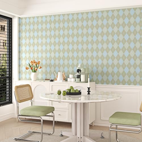 Wallderful Blue and Brown Checkered Wallpaper Removable Argyle Plaid Wallpaper Peel and Stick Vintage Geometric Contact Paper for Kitchen Backsplash Bedroom Bathroom Cabinets Accent Walls 17.5"x102" - Image 3