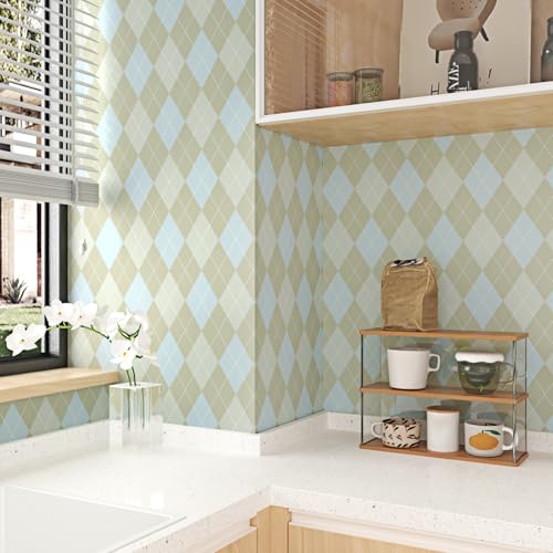 Wallderful Blue and Brown Checkered Wallpaper Removable Argyle Plaid Wallpaper Peel and Stick Vintage Geometric Contact Paper for Kitchen Backsplash Bedroom Bathroom Cabinets Accent Walls 17.5"x102" - Image 1