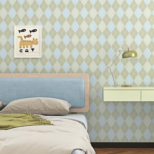 Wallderful Blue and Brown Checkered Wallpaper Removable Argyle Plaid Wallpaper Peel and Stick Vintage Geometric Contact Paper for Kitchen Backsplash Bedroom Bathroom Cabinets Accent Walls 17.5"x102" - Image 5