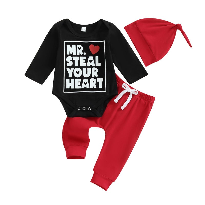 Gureui My First Valentines Day Baby Boy Outfit Long Sleeve Heart Print Romper Onesie Pants Toddler Infant Newborn Clothes (A Black Mr Steal Your Heart, 6-12 Months) - Image 1