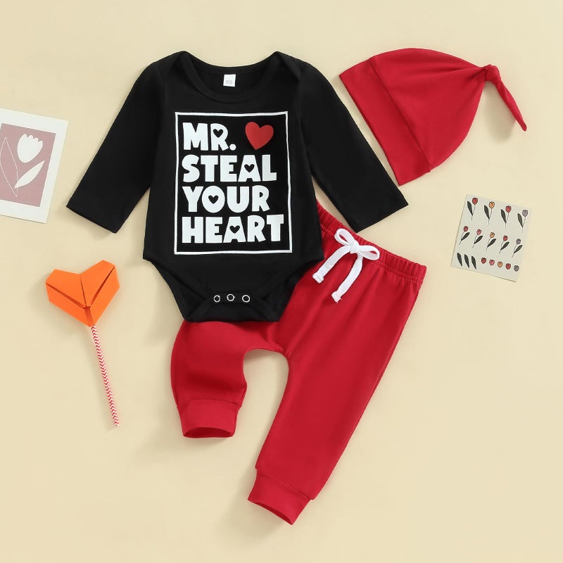 Gureui My First Valentines Day Baby Boy Outfit Long Sleeve Heart Print Romper Onesie Pants Toddler Infant Newborn Clothes (A Black Mr Steal Your Heart, 6-12 Months) - Image 2