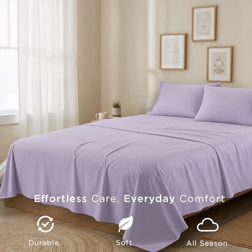 Threadmill Cotton Queen Sheet Set | 100% Cotton Sheets for Queen Size Bed | Solid Sateen Queen Bed Sheets Set with 16” Deep Pocket | Soft Breathable 4-Piece Cooling Bedding Sheet Set | Lilac - Image 5