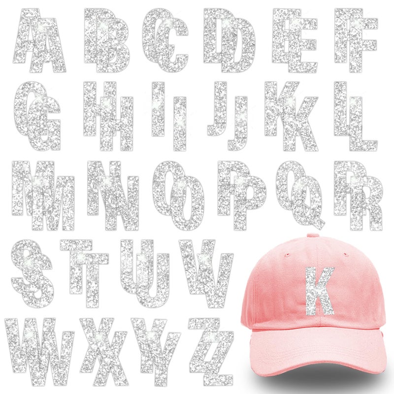 52PCS Iron On Letter for Clothing Silver Glitter Small Letter AZ Iron On Alphabets Appliques for Clothes Shiny Sequin Heat Transfer Vinyl Decals Decoration for Hats Backpacks DIY Clothing Repair