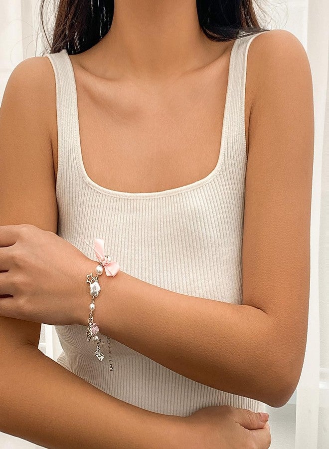 POYAMUSE Y2K Pink Charm Bracelet – Aesthetic Beaded Bracelets with Star, Heart, Bow Charms, Coquette Jewelry for Women-bowknot - Image 4