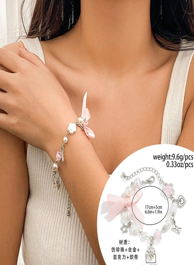 POYAMUSE Y2K Pink Charm Bracelet – Aesthetic Beaded Bracelets with Star, Heart, Bow Charms, Coquette Jewelry for Women-bowknot - Image 3