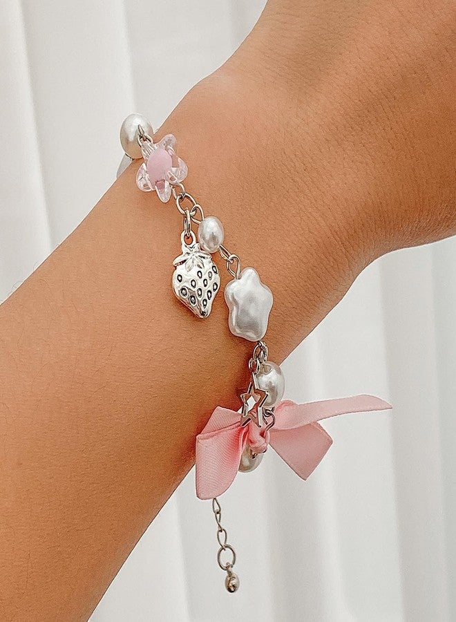 POYAMUSE Y2K Pink Charm Bracelet – Aesthetic Beaded Bracelets with Star, Heart, Bow Charms, Coquette Jewelry for Women-bowknot - Image 2