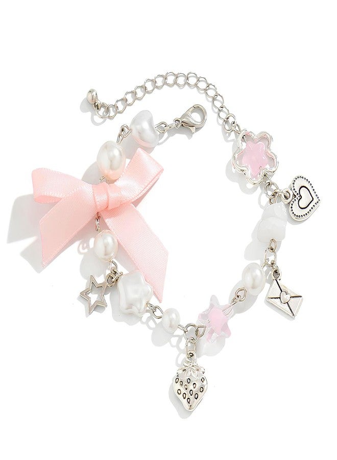 POYAMUSE Y2K Pink Charm Bracelet – Aesthetic Beaded Bracelets with Star, Heart, Bow Charms, Coquette Jewelry for Women-bowknot - Image 1