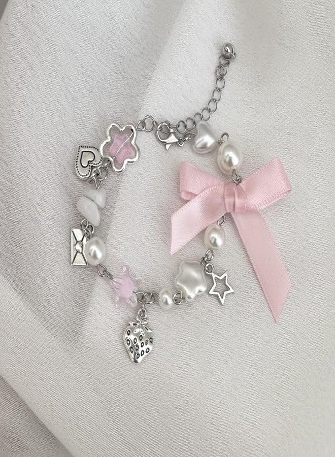 POYAMUSE Y2K Pink Charm Bracelet – Aesthetic Beaded Bracelets with Star, Heart, Bow Charms, Coquette Jewelry for Women-bowknot - Image 5