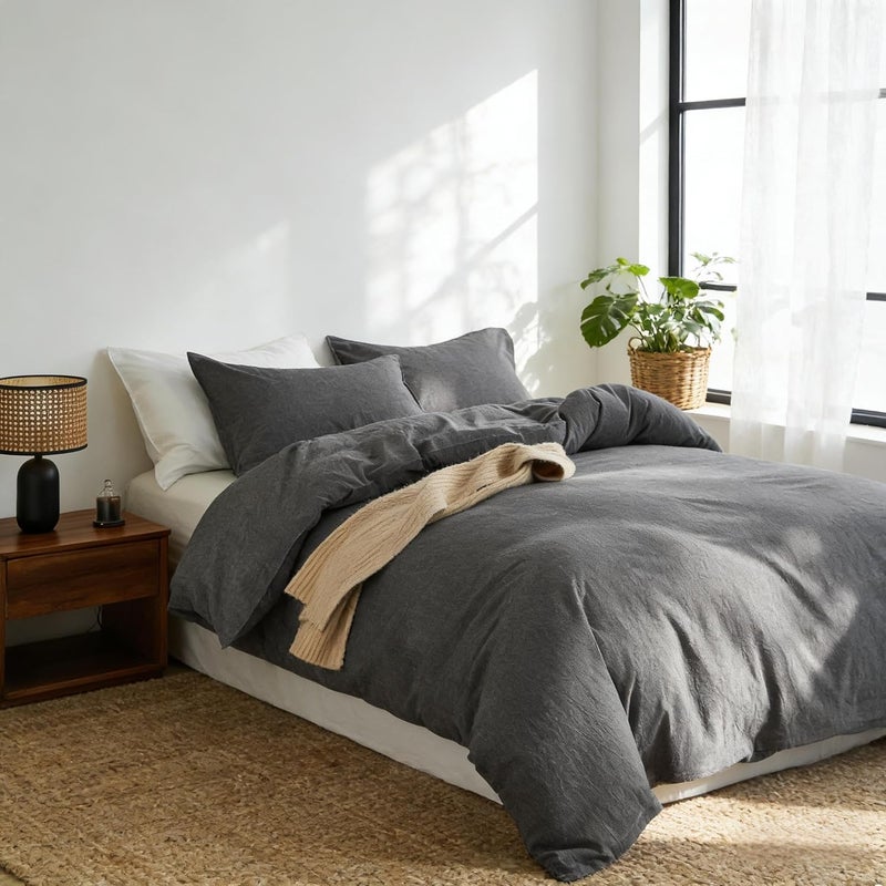 Simple&Opulence Duvet Cover Set 100% Washed Cotton Comfy Soft Breathable Cozy Textured Solid Color Comforter Cover for All Seasons Bedding Sets, Charcoal Grey King 220x240cm - Image 2