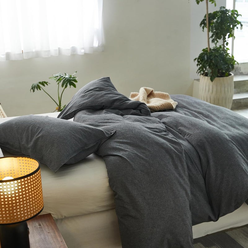 Simple&Opulence Duvet Cover Set 100% Washed Cotton Comfy Soft Breathable Cozy Textured Solid Color Comforter Cover for All Seasons Bedding Sets, Charcoal Grey King 220x240cm - Image 4