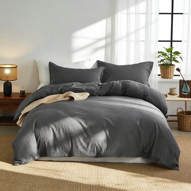 Simple&Opulence Duvet Cover Set 100% Washed Cotton Comfy Soft Breathable Cozy Textured Solid Color Comforter Cover for All Seasons Bedding Sets, Charcoal Grey King 220x240cm - Image 1