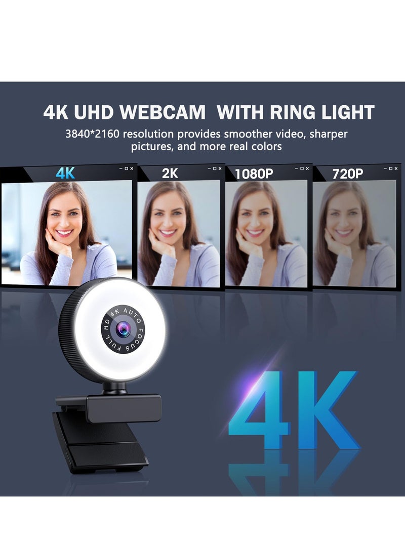 4K Webcam, HD Autofocus Webcam with Microphone, Adjustable Light Computer Camera with Privacy Cover and Tripod Stand, Plug and Play USB Webcam for Laptop Desktop Video Calling - Image 2