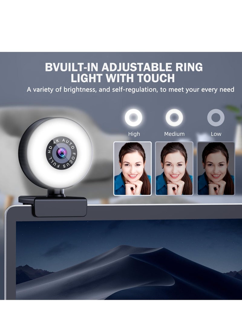 4K Webcam, HD Autofocus Webcam with Microphone, Adjustable Light Computer Camera with Privacy Cover and Tripod Stand, Plug and Play USB Webcam for Laptop Desktop Video Calling - Image 5