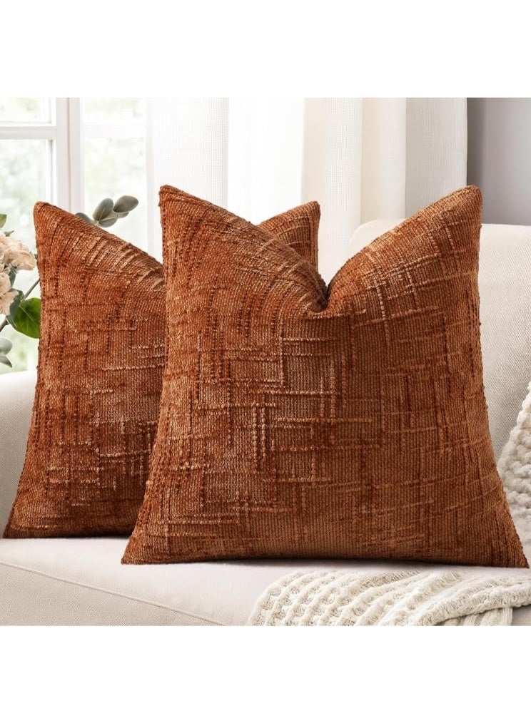 Set of 2 Fall Rust Textured Chenille Throw Pillow Covers 45x45CM Cushion Cover | Soft Cozy Slubby Boho Farmhouse Decorative Pillow Cases for Couch Sofa Bed Living Room - Image 1