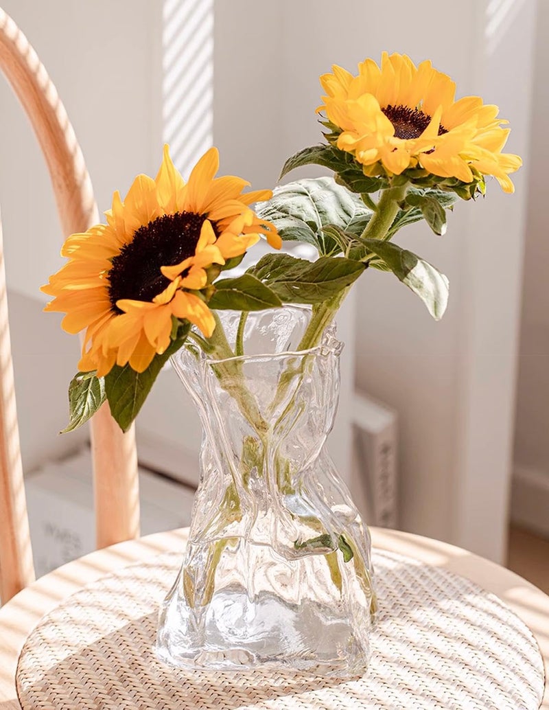 FOWSEEK 6 Inch Small Glass Flower Vase, Irregular Clear Flower Vases for Centerpiece Table Indoor Desk Decor, Modern Art Decorative Vase for Home Office Wedding Bookshelf Housewarming Gift - Image 1