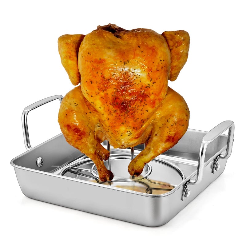P&P CHEF Beer Can Chicken Holder with Roasting Pan Set, 9-inch Stainless Steel Square Baking Pan and Chicken Rack For Grilling, Heavy Duty & Dishwasher Safe, 2Pcs - Image 1