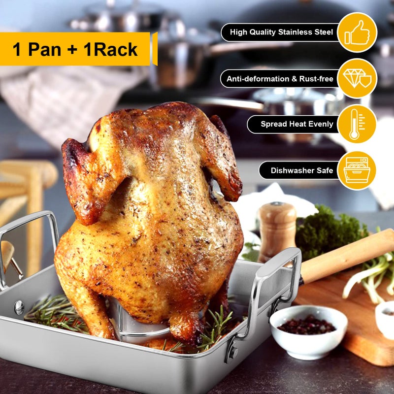P&P CHEF Beer Can Chicken Holder with Roasting Pan Set, 9-inch Stainless Steel Square Baking Pan and Chicken Rack For Grilling, Heavy Duty & Dishwasher Safe, 2Pcs - Image 4