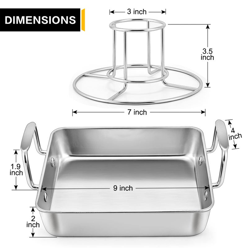 P&P CHEF Beer Can Chicken Holder with Roasting Pan Set, 9-inch Stainless Steel Square Baking Pan and Chicken Rack For Grilling, Heavy Duty & Dishwasher Safe, 2Pcs - Image 2