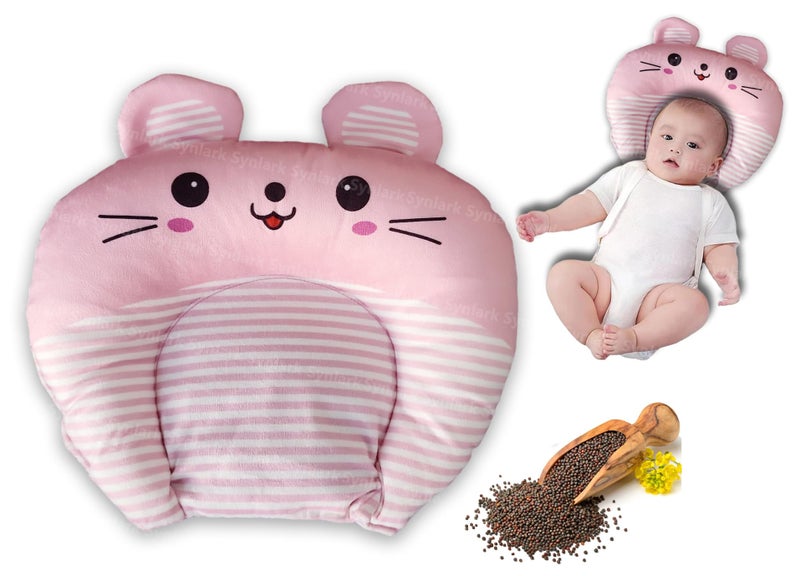 Synlark® Rai Baby Mustard Seed Pillow with Supersoft Fur Fabric | 0 Month-18 Months Kids Pillows | Cartoon Prints| Infant Rai Pillow for Sleep Bed Set | Head Shaping Neck Support Cusion (Pink) - Image 1