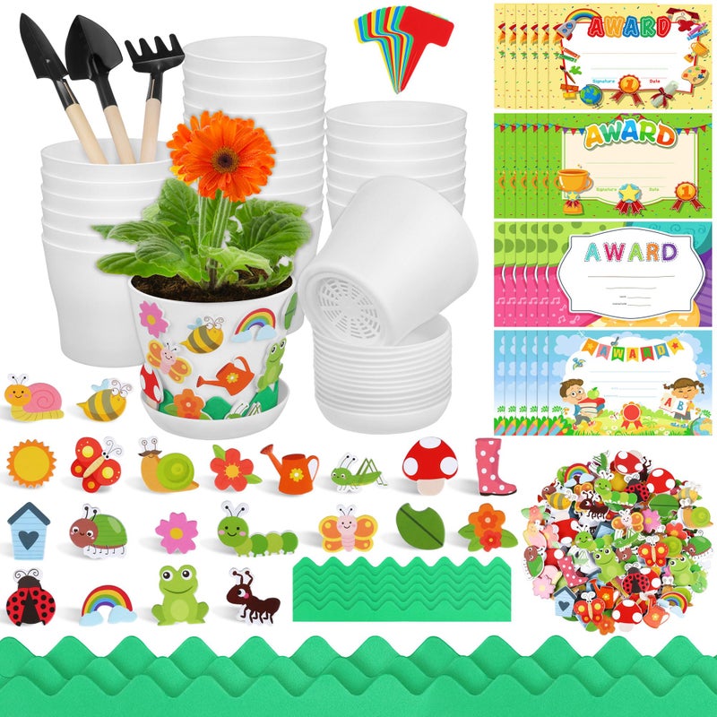 Elcoho 24 Packs Garden Plastic Pot Craft Kit Plant Spring Craft Kits for Kids Flower Pots with 150 Foam Stickers 36 Labels 24 Certificate of Awards 3 Tools Planting Growing Kit for Kids - Image 3
