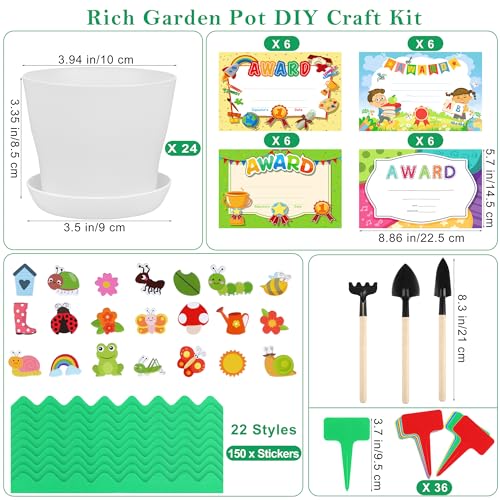 Elcoho 24 Packs Garden Plastic Pot Craft Kit Plant Spring Craft Kits for Kids Flower Pots with 150 Foam Stickers 36 Labels 24 Certificate of Awards 3 Tools Planting Growing Kit for Kids - Image 5