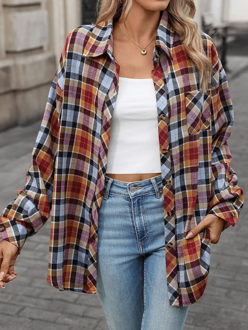 CHYRII Womens Oversized Flannel Shirts Button Down Long Sleeve Plaid Shirt Business Casual Blouse Top Blue+Brown XL - Image 2