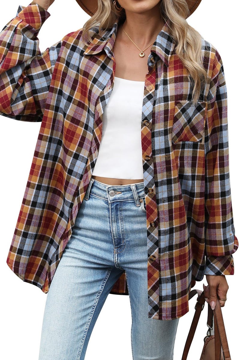 CHYRII Womens Oversized Flannel Shirts Button Down Long Sleeve Plaid Shirt Business Casual Blouse Top Blue+Brown XL - Image 1