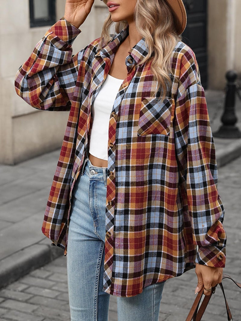 CHYRII Womens Oversized Flannel Shirts Button Down Long Sleeve Plaid Shirt Business Casual Blouse Top Blue+Brown XL - Image 3