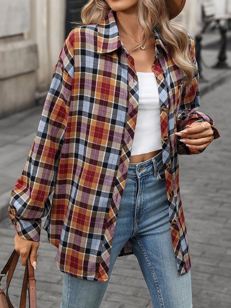 CHYRII Womens Oversized Flannel Shirts Button Down Long Sleeve Plaid Shirt Business Casual Blouse Top Blue+Brown XL - Image 4