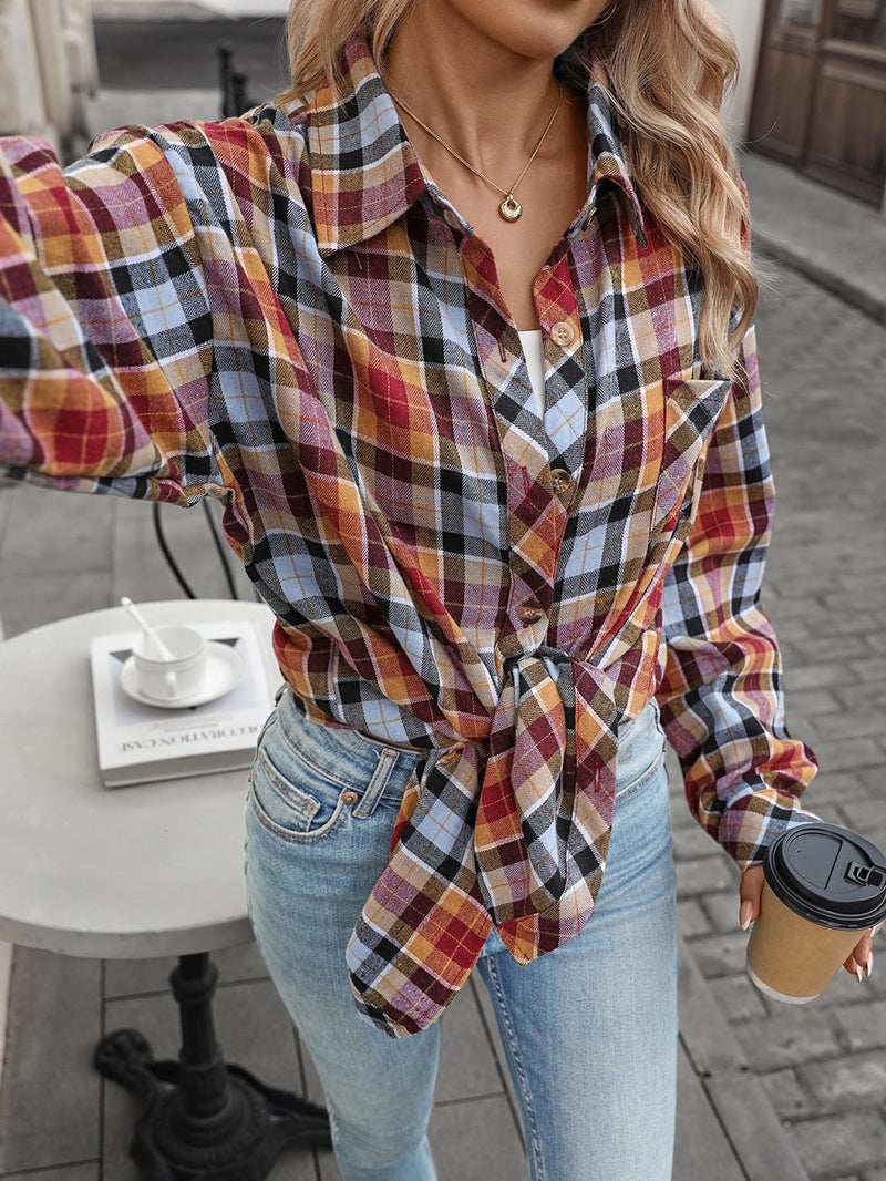 CHYRII Womens Oversized Flannel Shirts Button Down Long Sleeve Plaid Shirt Business Casual Blouse Top Blue+Brown XL - Image 5