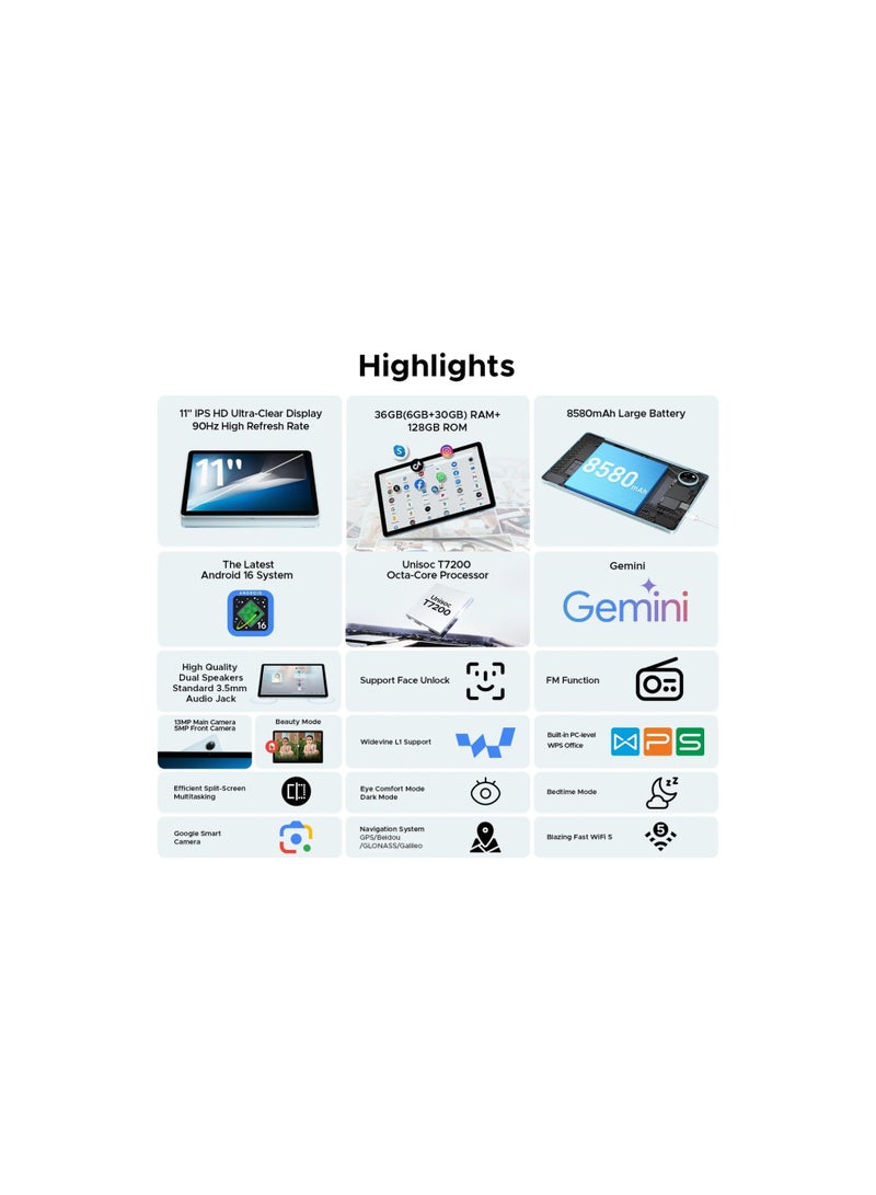 DOOGEE Tab A9 Pro+ VIP Addition 2025 new affordable smart tablet, 11-inch HD IPS display, ultra-thin body design, 8580mAh large battery, Android 16, Unisoc T7200 Octa-Core Processor , 6GB RAM( Upto 30GB extended)/128 GB ROM (2TB Expandable), Glacier Blue - Image 5
