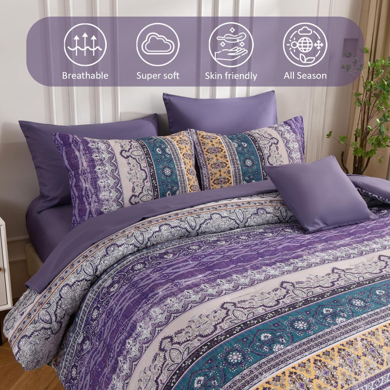Cottolester Boho Queen Comforter Set 8 Pieces, Violet Bohemian Striped Bed in a Bag, Paisley Soft Microfiber Bedding Comforter Set - Image 3
