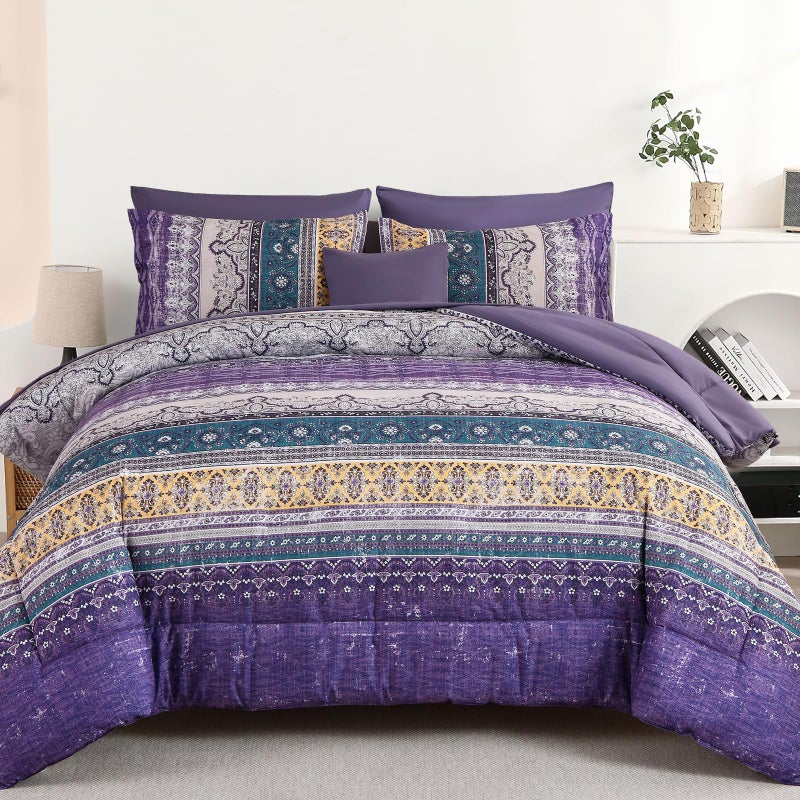 Cottolester Boho Queen Comforter Set 8 Pieces, Violet Bohemian Striped Bed in a Bag, Paisley Soft Microfiber Bedding Comforter Set - Image 1