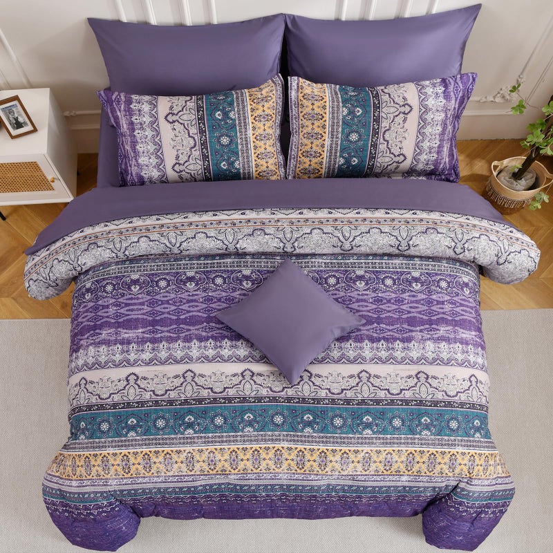 Cottolester Boho Queen Comforter Set 8 Pieces, Violet Bohemian Striped Bed in a Bag, Paisley Soft Microfiber Bedding Comforter Set - Image 5